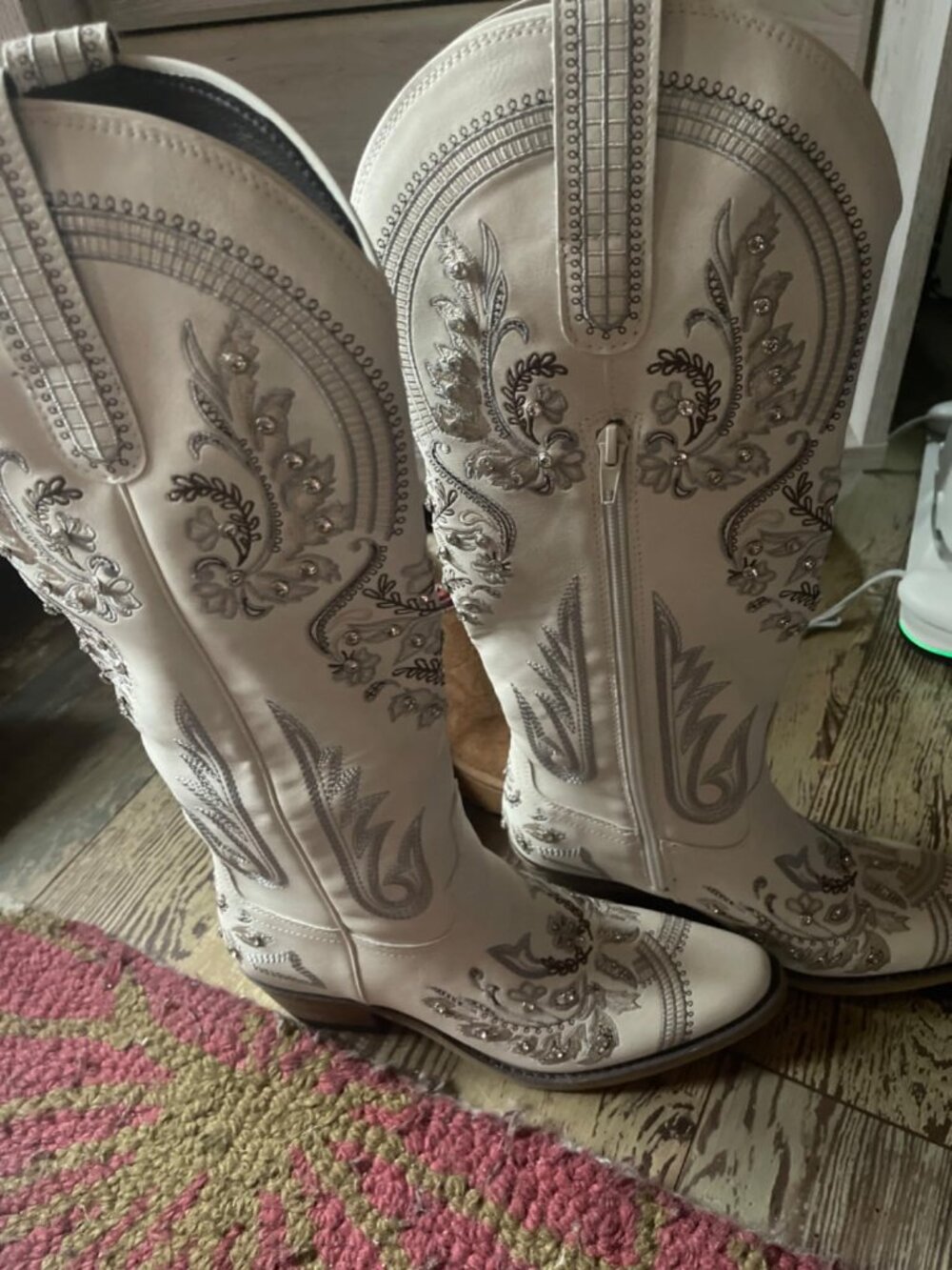 Women's White Embroidered Rhinestones Knee High Cowgirl Boots Pointed Toe - Picture 3 of 8